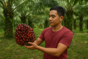 Seorang pria memegang tandan buah sawit segar di perkebunan kelapa sawit.